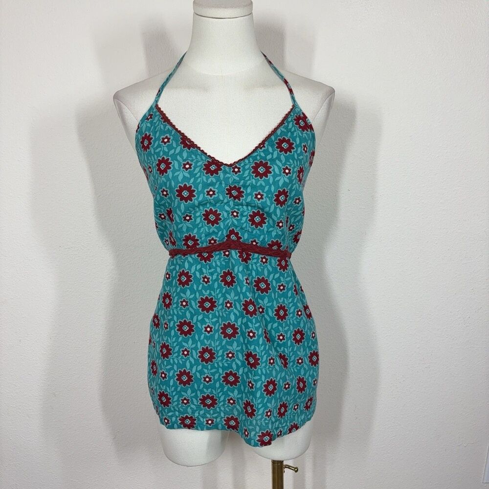 Funky People Top Womens Large Blue Floral Halter Tie Back Boho Summer Festival